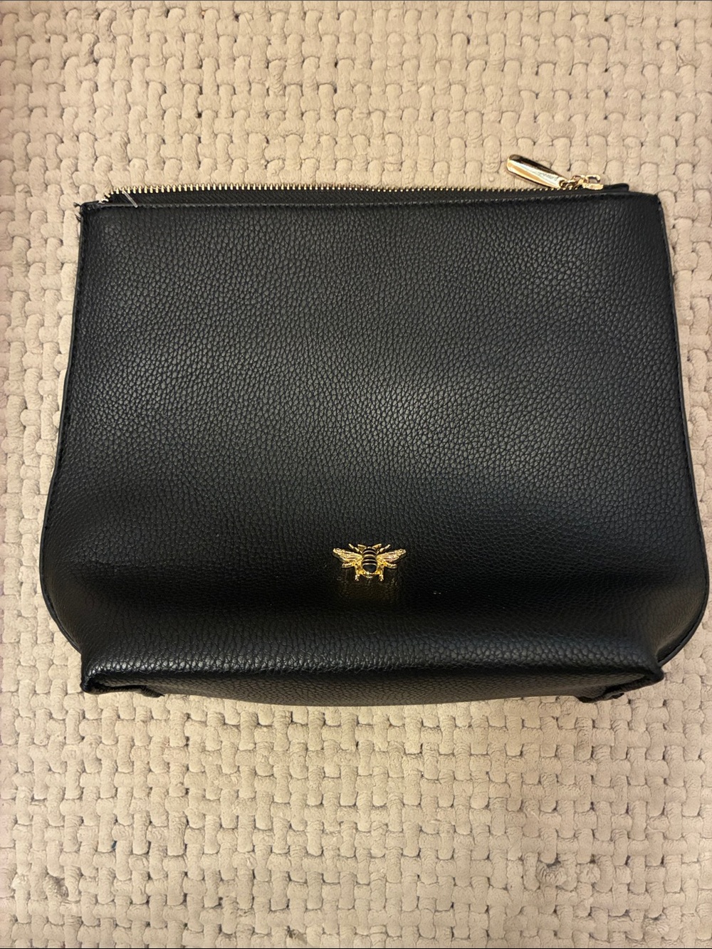 Black Leather Zip‎ Pouch with Gold Bee Accent